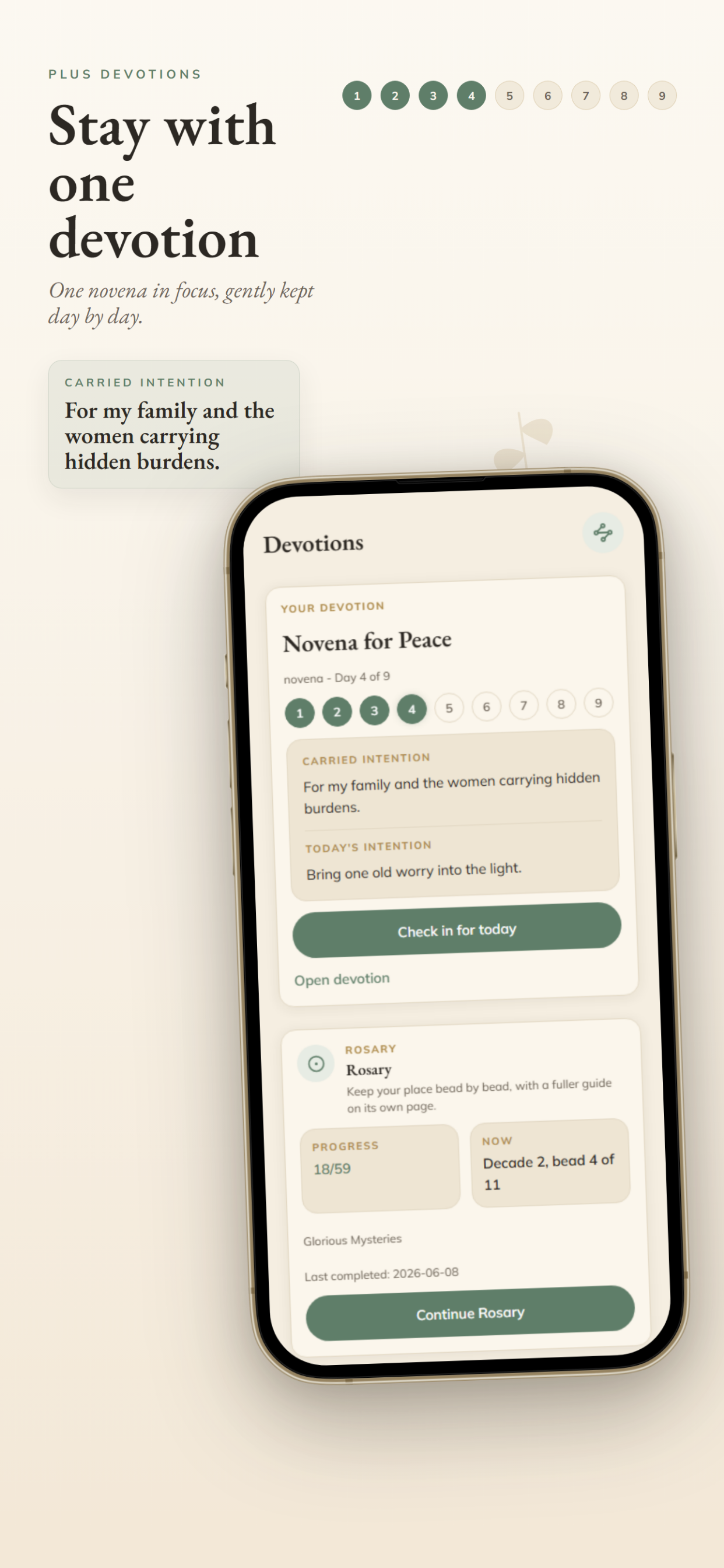 A Come Aside devotions screen with a novena, check-in action, and Rosary entry point.