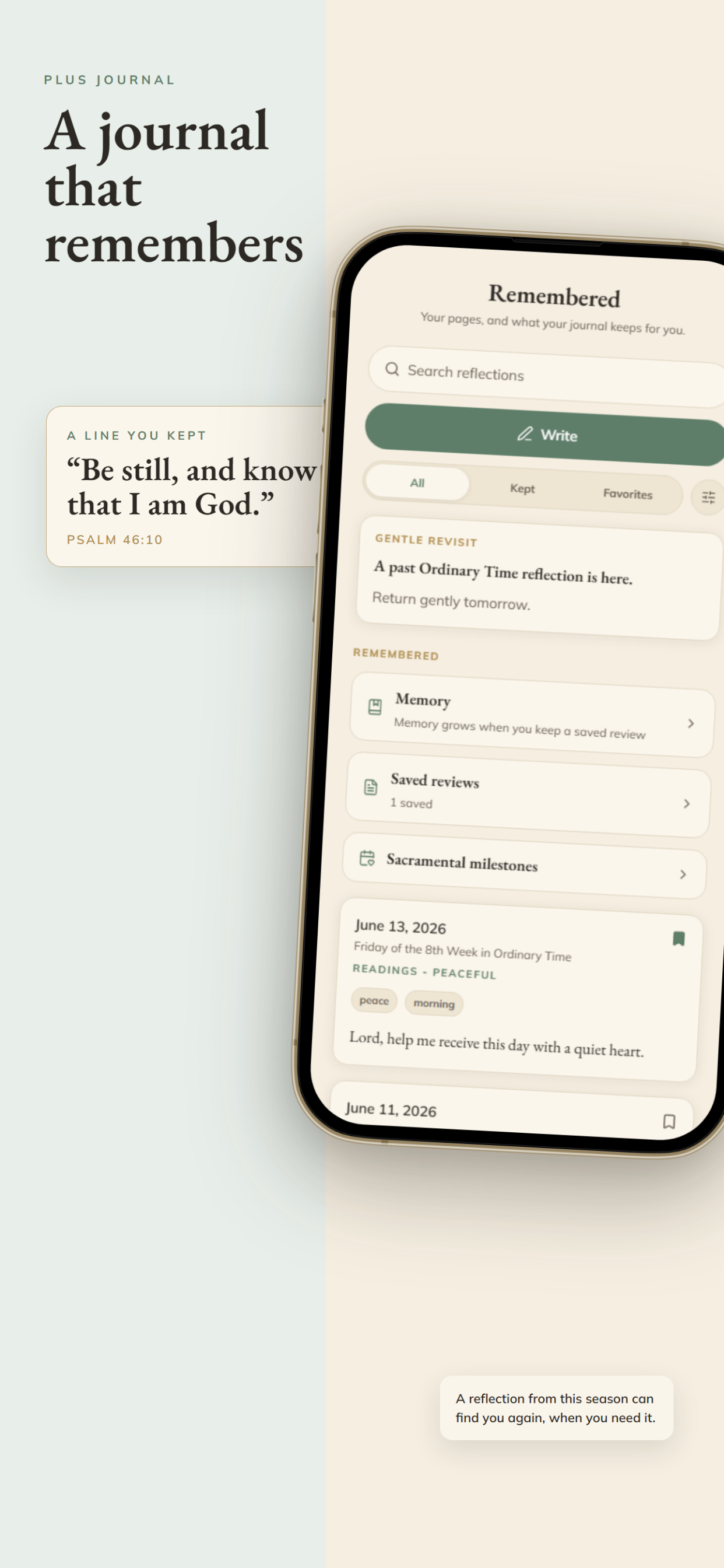 A Come Aside journal list with reflections, search, and saved entries.