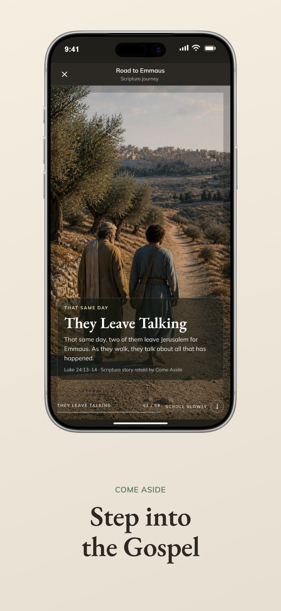 The Road to Emmaus Scripture journey in Come Aside, showing two figures walking and the scene titled They Leave Talking with its Luke citation.