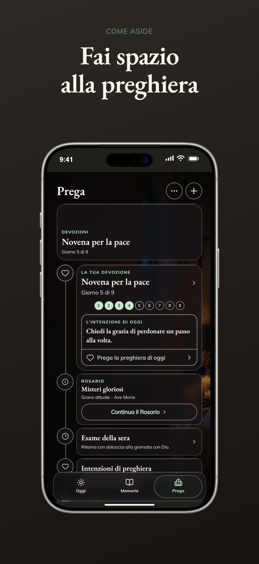 La schermata Pray di Come Aside con una novena in corso, il Rosario, l’esame di coscienza serale e il santo del giorno.