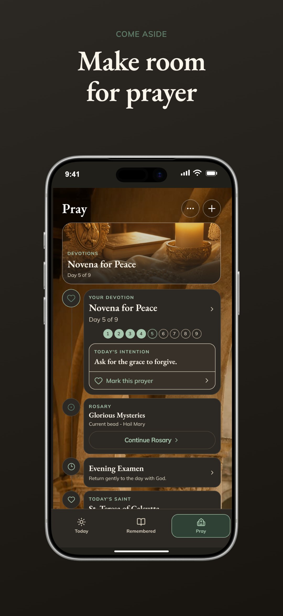 The Come Aside Pray screen with a novena in progress, the Rosary, the Evening Examen, and today&rsquo;s saint.
