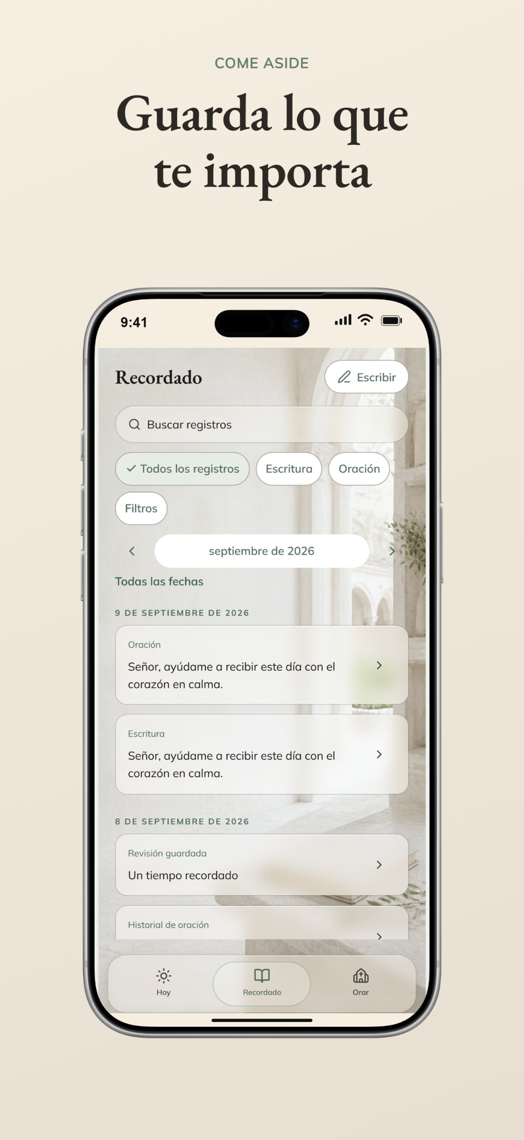 La pantalla Remembered de Come Aside con oraciones guardadas, escritos, una revisión guardada y el historial de oración por fecha.