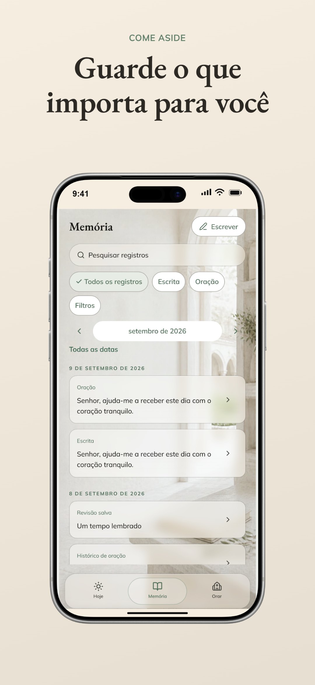 A tela Remembered da Come Aside com orações guardadas, textos, uma revisão salva e o histórico de oração por data.